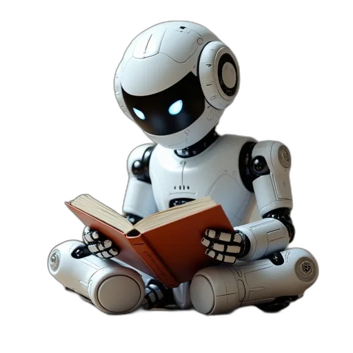 robot, 3d render, concept art, cyberpunk, comic book art, reading, book, floor transparent PNG cut-out