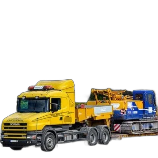 3d render, photorealistic, concept art, yellow, scania, truck, crane, trailer transparent PNG cut-out