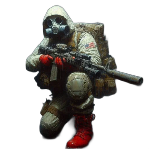 weapon, mask, robot, jacket, concept art, 3d render, pixel art, photorealistic transparent PNG cut-out