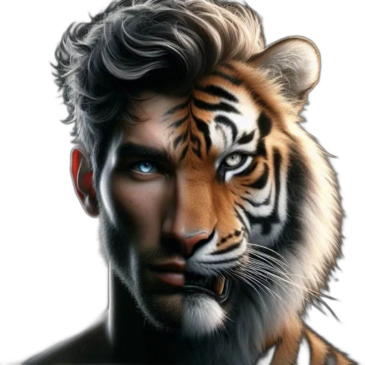 animal, fantasy art, photorealistic, concept art, comic book art, human, tiger, face transparent PNG cut-out