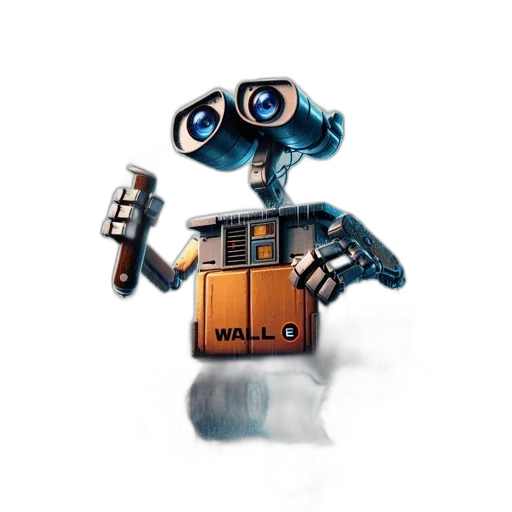 robot, weapon, concept art, 3d render, pixel art, cyberpunk, rain-soaked, wall-e transparent PNG cut-out