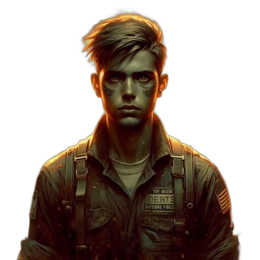 jacket, face, staff, weapon, concept art, cyberpunk, comic book art, photorealistic transparent PNG cut-out