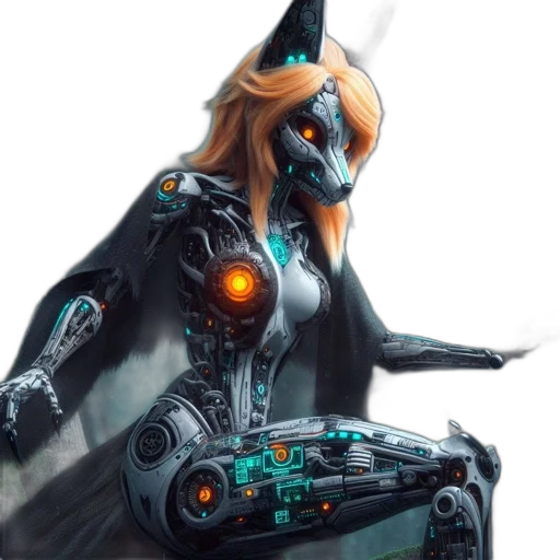 robot, weapon, concept art, cyberpunk, fantasy art, 3d render, anthropomorphic, fox transparent PNG cut-out