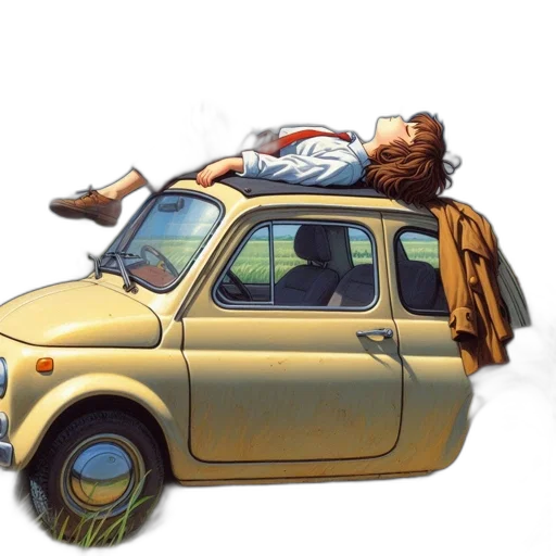 car, photorealistic, concept art, young, man, reclines, vintage, yellow transparent PNG cut-out