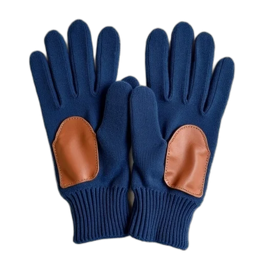 pair, blue, knitted, gloves, brown, leather, patch, left transparent PNG cut-out