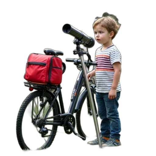 photorealistic, young, boy, striped, shirt, standing, next, bicycle transparent PNG cut-out