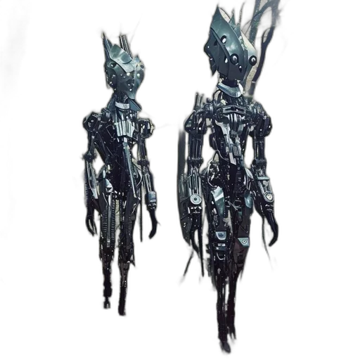 robot, mask, creature, staff, concept art, cyberpunk, fantasy art, 3d render transparent PNG cut-out