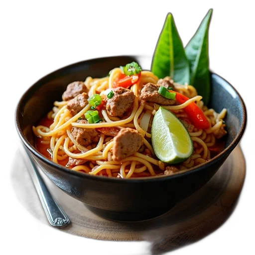 food, photorealistic, 3d render, bowl, noodles, vegetables, meat, placed transparent PNG cut-out