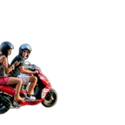 3d render, two, people, wearing, helmets, ride, red, scooter transparent PNG cut-out