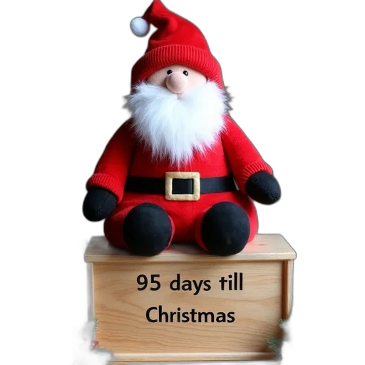 3d render, plush, toy, santa, claus, sitting, wooden, box transparent PNG cut-out