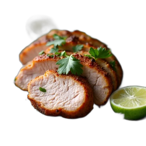 food, 3d render, photorealistic, pork, tender, sliced, plate, cilantro transparent PNG cut-out