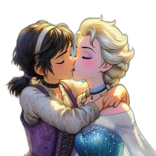 watercolor, comic book art, cartoon, pixel art, snow, tender, kiss, between transparent PNG cut-out