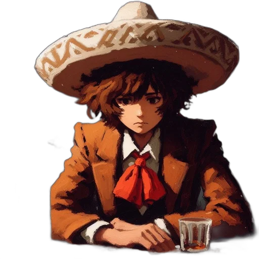 hat, jacket, umbrella, face, pixel art, anime, concept art, watercolor transparent PNG cut-out