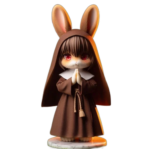 3d render, concept art, animated, bunny, brown, robe, hood, greets transparent PNG cut-out