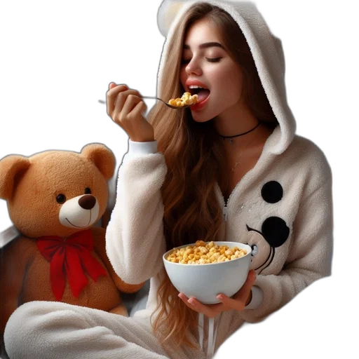 food, pixel art, photorealistic, concept art, 3d render, young, woman, white transparent PNG cut-out