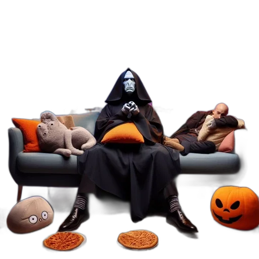 mask, concept art, dark, grim, reaper, figure, robe, sits transparent PNG cut-out