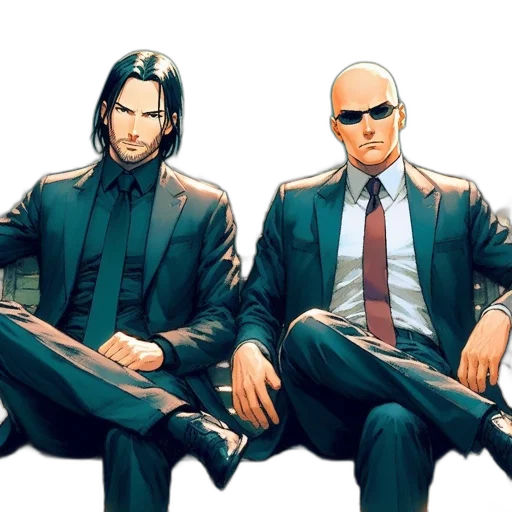 jacket, comic book art, concept art, cyberpunk, cartoon, two, serious, men transparent PNG cut-out