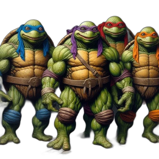 concept art, comic book art, four, anthropomorphic, turtles, blue, purple, red transparent PNG cut-out
