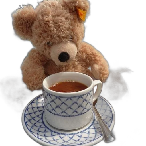 food, teddy, bear, sits, table, cup, tea, saucer transparent PNG cut-out