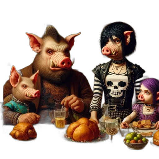 food, concept art, anthropomorphic, pig, family, convene, formal, dinner transparent PNG cut-out
