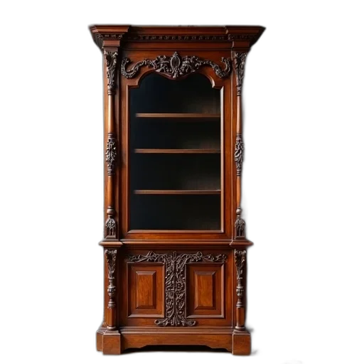furniture, wooden, cabinet, glass, doors, displayed, museum, has transparent PNG cut-out