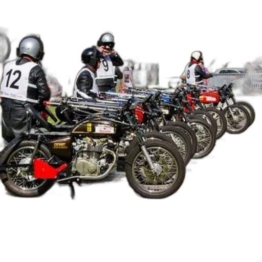 photorealistic, concept art, motorcycle, racers, line, race, wearing, helmets transparent PNG cut-out
