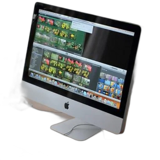 3d render, modern, apple, imac, keyboard, speakers, wooden, desk transparent PNG cut-out