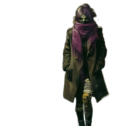 jacket, mask, staff, weapon, concept art, cyberpunk, watercolor, comic book art transparent PNG cut-out