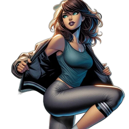 comic book art, concept art, fantasy art, cartoon, woman, workout, attire, depicted transparent PNG cut-out