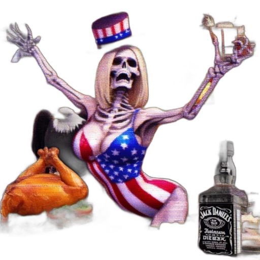 bottle, food, anthropomorphic, skeleton, wearing, usa-themed, costume, stands transparent PNG cut-out