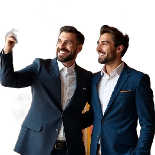 staff, jacket, two, men, posing, photo, party, both transparent PNG cut-out