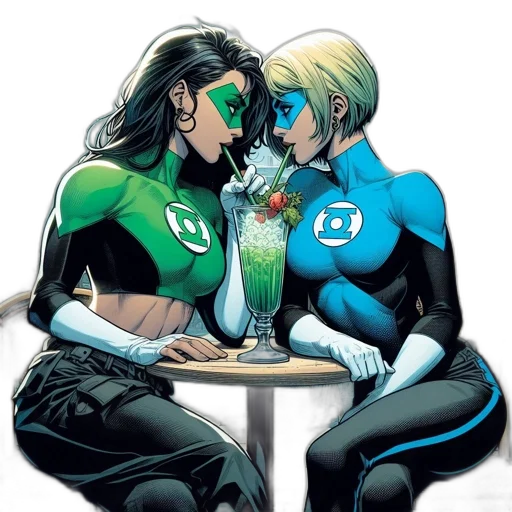 comic book art, green, two, female, superheroes, matching, colors, blue transparent PNG cut-out