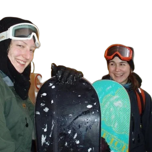 jacket, hat, staff, snow, two, women, holding, snowboards transparent PNG cut-out