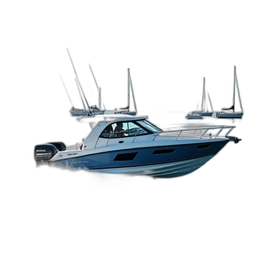 3d render, small, motorboat, white, cabin, blue, black, stripes transparent PNG cut-out