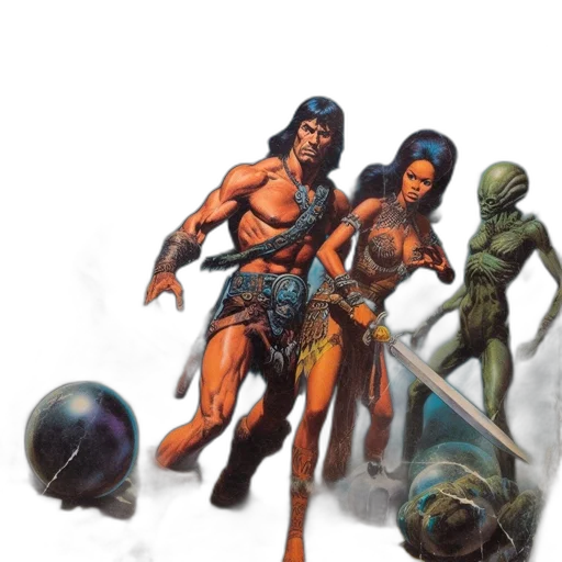 concept art, fantasy art, comic book art, 3d render, outer space, underwater, conan, barbarian transparent PNG cut-out