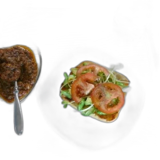 food, photorealistic, 3d render, plate, sandwich, topped, tomatoes, sprouts transparent PNG cut-out