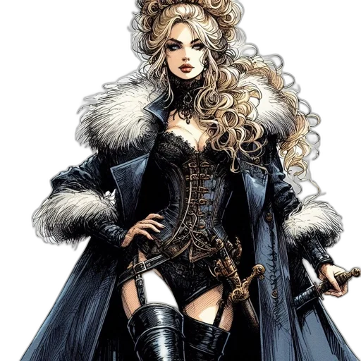 comic book art, fantasy art, concept art, photorealistic, dark, monochrome, woman, steampunk transparent PNG cut-out