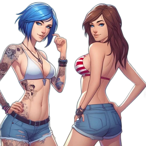 concept art, comic book art, fantasy art, pixel art, blue, two, animated, females transparent PNG cut-out