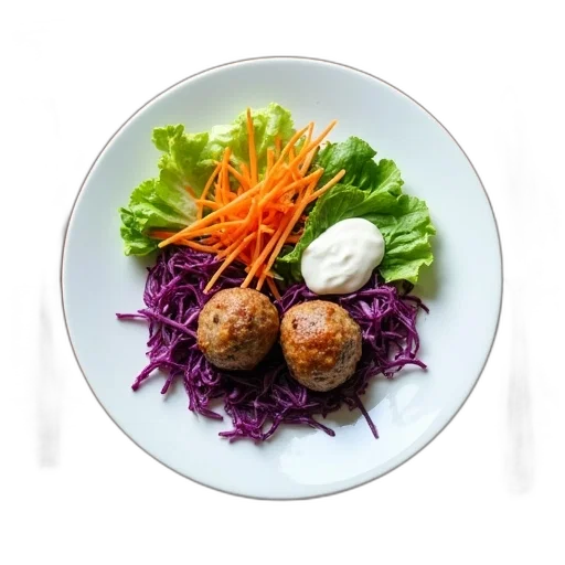 food, photorealistic, wooden, table, white, plate, containing, salad transparent PNG cut-out