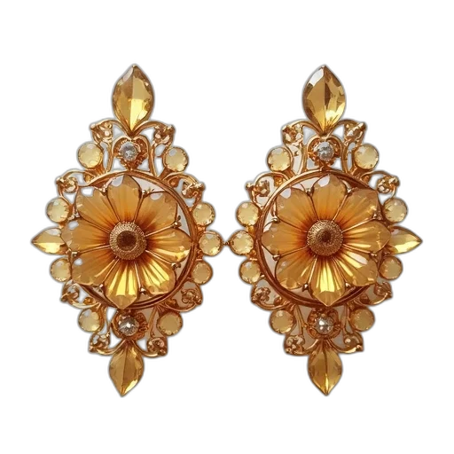 jewelry, crown, golden, pair, vintage-style, earrings, detailed, floral transparent PNG cut-out