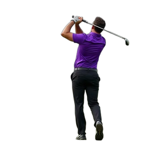 staff, man, purple, shirt, black, pants, swinging, golf transparent PNG cut-out