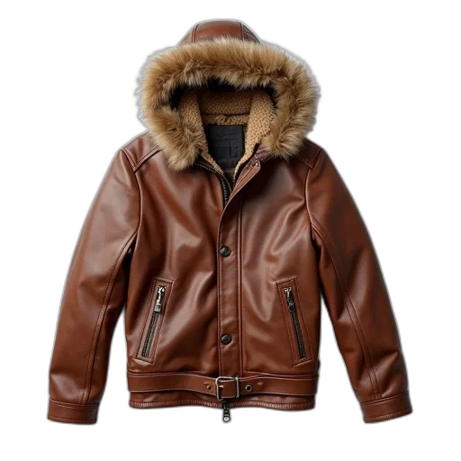 jacket, brown, leather, fur-lined, hood, displayed, white, background transparent PNG cut-out