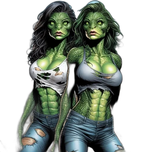comic book art, concept art, fantasy art, photorealistic, green, two, reptilian-skinned, women transparent PNG cut-out