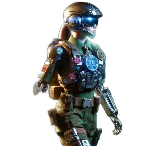 robot, weapon, concept art, 3d render, cyberpunk, pixel art, green, blue transparent PNG cut-out