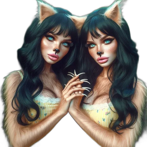 fantasy art, photorealistic, concept art, cartoon, two, women, resembling, mythical transparent PNG cut-out