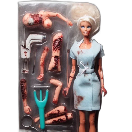 dress, concept art, barbie-like, doll, horrifyingly-theme, package, featuring, detached transparent PNG cut-out
