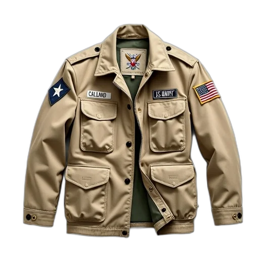 jacket, beige, military-style, multiple, pockets, name, tag, reading transparent PNG cut-out
