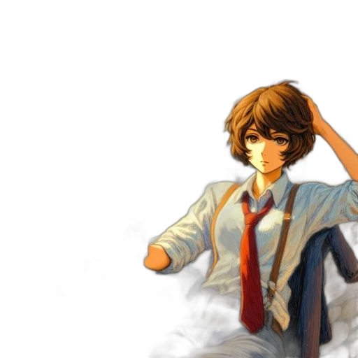 staff, weapon, hair, jacket, pixel art, anime, concept art, watercolor transparent PNG cut-out