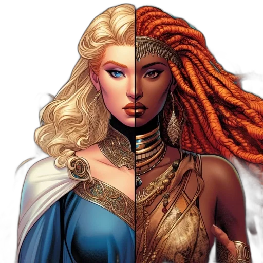 comic book art, fantasy art, concept art, pixel art, two, female, figures, stand transparent PNG cut-out