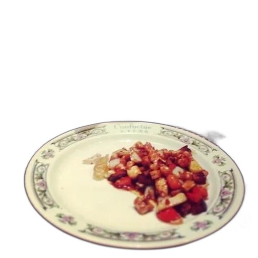food, photorealistic, 3d render, plate, word, confucius transparent PNG cut-out